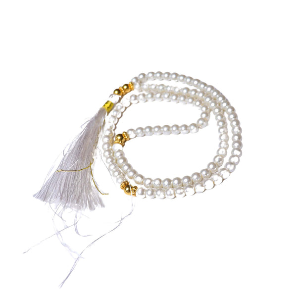 White Pearl Tasbeeh – 100 Beads with Golden Detailing